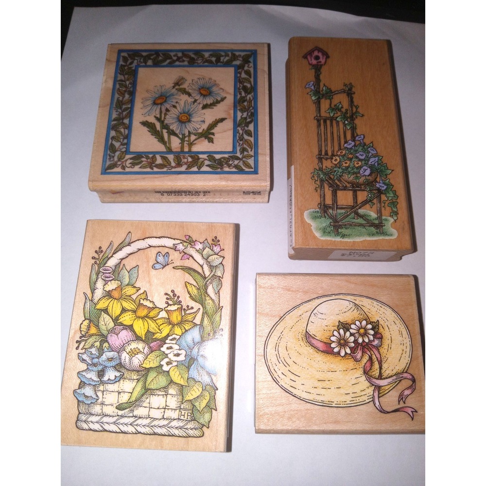 Lot of 4 Rubber Stamps Daisy Flower Basket Card Making Stamping Scrapbook